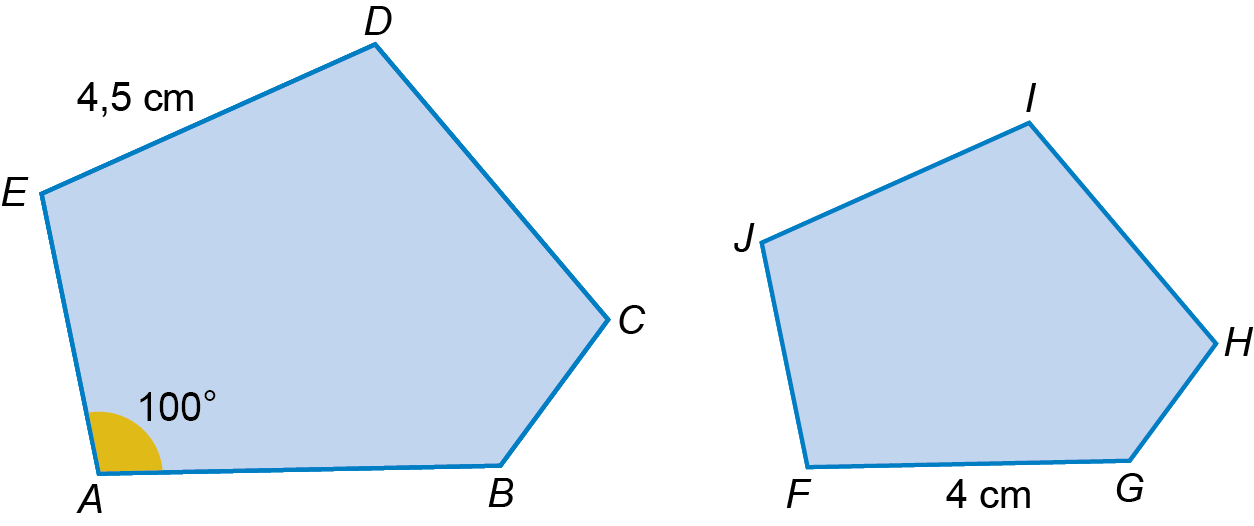 Pentágonos ABCDE e FGHIJ com AE=4,5 cm e ângulo A=100°