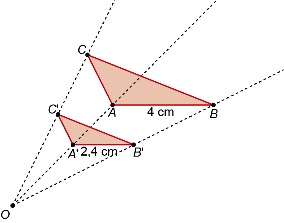 Homotetia: triângulos [ABC] e [A'B'C'] com AB=4 cm e A'B'=2,4 cm