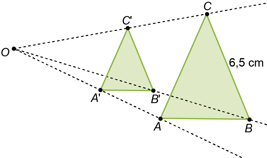 Homotetia: triângulos [ABC] e [A'B'C'] com BC=CA=6,5 cm