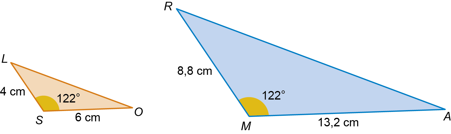 Triângulos [MAR] e [SOL] com LS=4cm, SO=6cm, RM=8,8cm, MA=13,2cm e ângulo de 122°