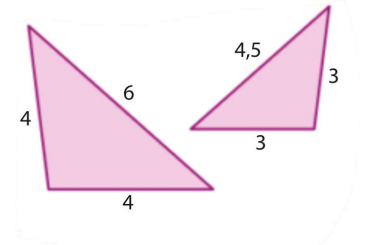 Dois triângulos com lados 4, 4 e 6, e 3, 3 e 4,5