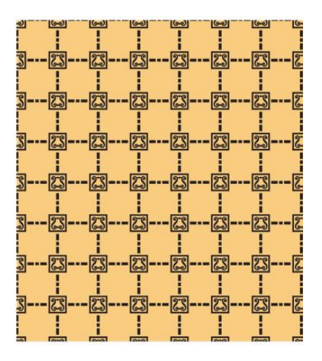 Padrão quadrangular amarelo com pequenos motivos escuros