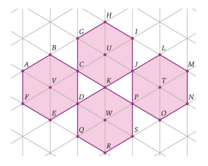 Quatro hexágonos regulares numa malha triangular, com pontos de A a W