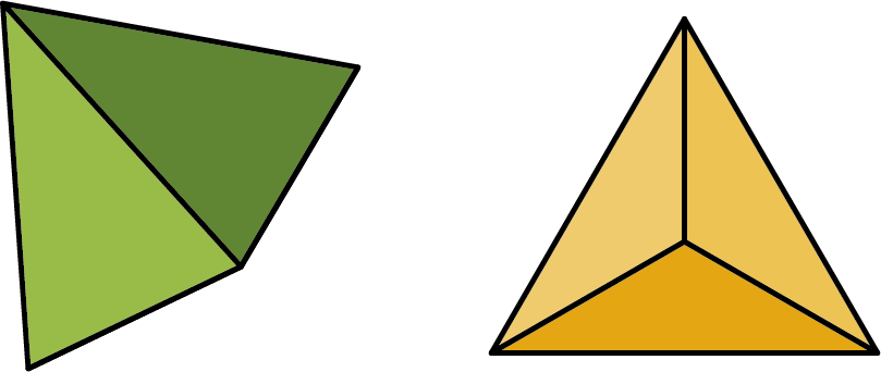 Dois dados tetraédricos numerados de 1 a 4