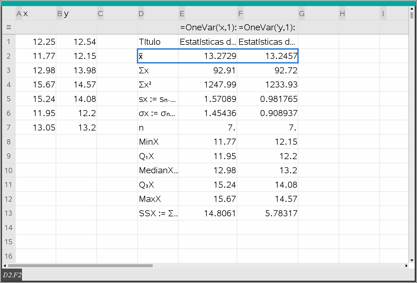 Calculadora — estatísticas a uma variável para as duas provas