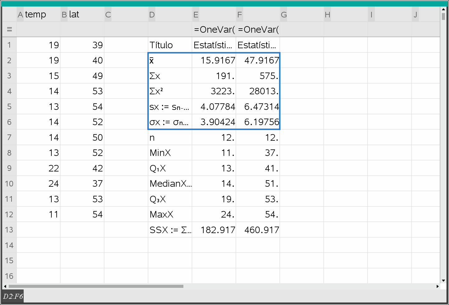 Calculadora — estatísticas a uma variável para temperatura e latitude