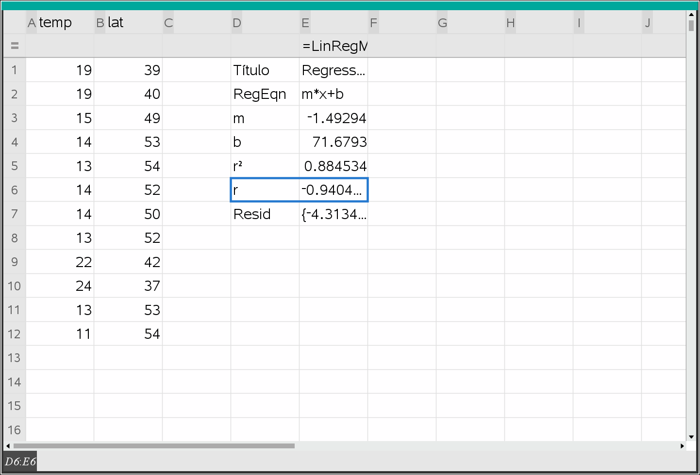 Calculadora — regressão linear temperatura/latitude, r ≈ −0,94