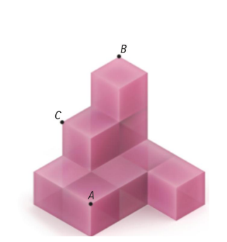Figura formada por cubos com pontos A, B e C