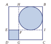 Quadrado ABCD com o quadrado DEFG no canto inferior esquerdo e um círculo inscrito no quadrado FHBI, no canto superior direito
