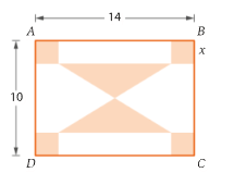 Retângulo ABCD de 14 por 10 com quatro quadrados iguais de lado x nos cantos e dois triângulos com vértice no centro, a colorido