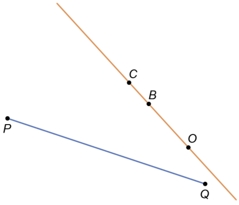 Segmento PQ e reta de Euler com pontos C, B e O