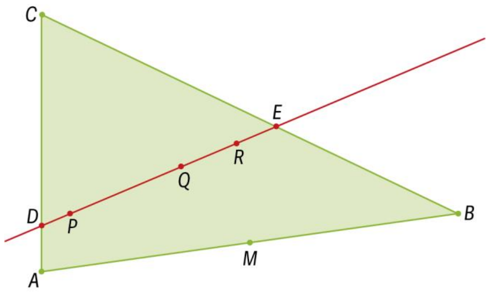 Triângulo ABC com reta de Euler e pontos P, Q e R