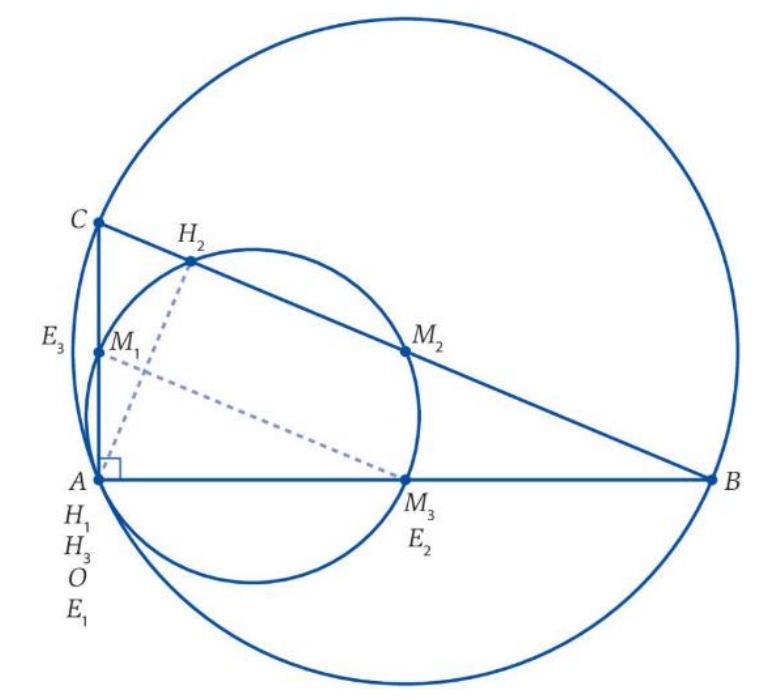 Triângulo retângulo com circunferência circunscrita e circunferência dos nove pontos
