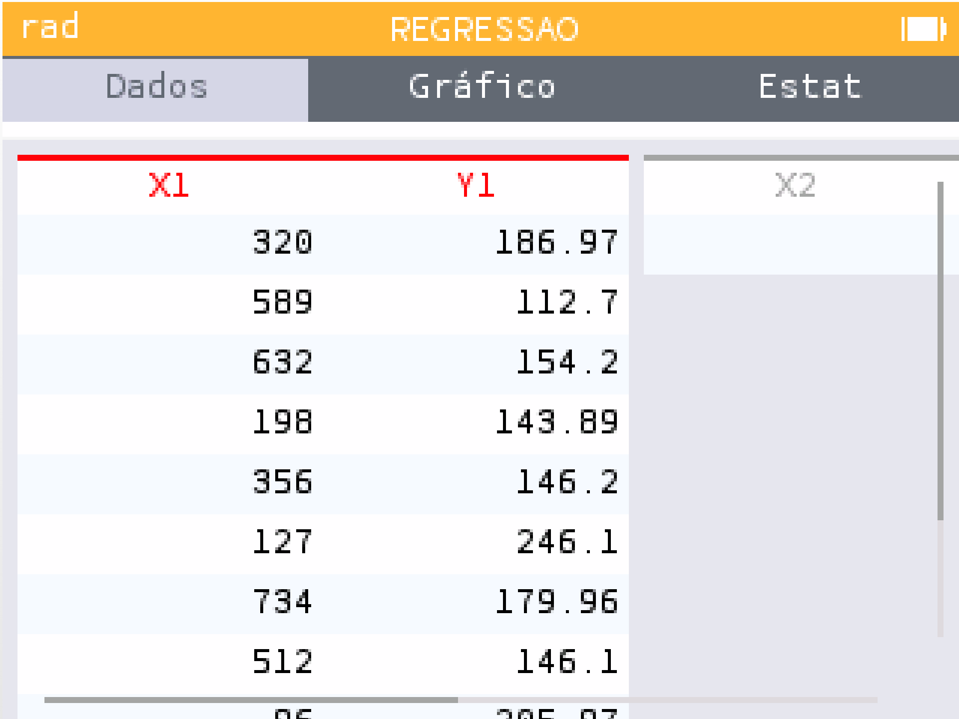Dados das laranjeiras na calculadora
