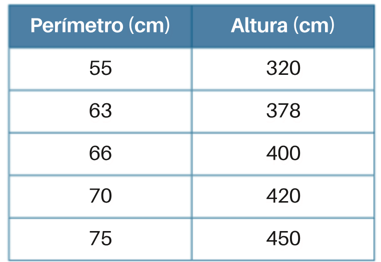 Tabela com perímetros e alturas das árvores
