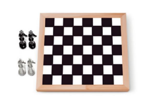 Tabuleiro de xadrez com dois cavalos pretos e dois cavalos brancos