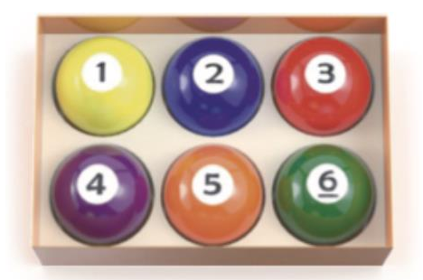 Caixa com seis bolas numeradas de 1 a 6
