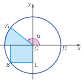 Circunferência trigonométrica com região sombreada formada por um setor circular no segundo quadrante e um retângulo no terceiro