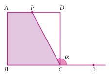Quadrado ABCD com o trapézio APCB sombreado, P em AD e o ângulo alfa em C entre CE e CP