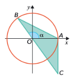 Circunferência trigonométrica com o triângulo ABC, B no segundo quadrante e C na reta x igual a 1