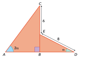 Triângulos retângulos ABC e BDE, com CE igual a 6, DE igual a 8, ângulo 2 alfa em A e alfa em D