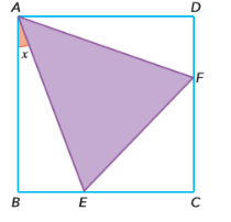 Quadrado ABCD com o triângulo AEF, E em BC e F em CD, e o ângulo x em A
