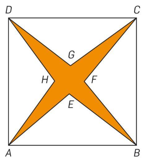 Quadrado ABCD com uma região sombreada formada por quatro triângulos