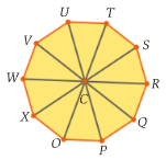 Decágono regular de centro C com os vértices U, T, S, R, Q, P, O, X, W e V