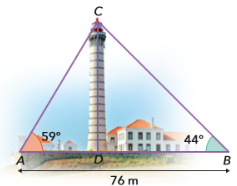 Farol de Leça com ângulos de elevação de 59 e 44 graus em pontos a 76 metros um do outro