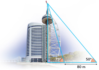 Torre Vasco da Gama observada com ângulos de 75 e 50 graus a partir de pontos distanciados 80 metros
