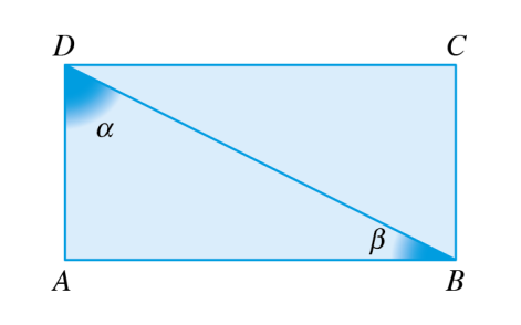 Retângulo ABCD com diagonal DB, ângulo alfa em D e ângulo beta em B