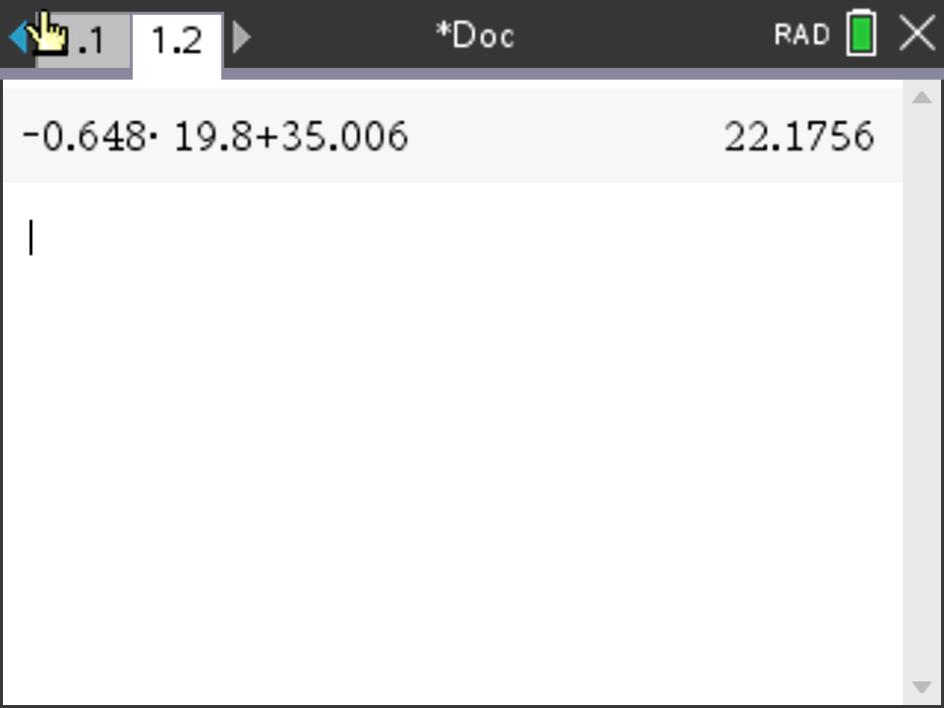 TI-Nspire CX II: cálculo -0,648·19,8 + 35,006 = 22,1756
