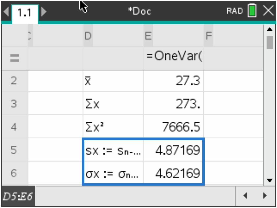 Calculadora gráfica mostrando o valor sx igual a 4,87169.
