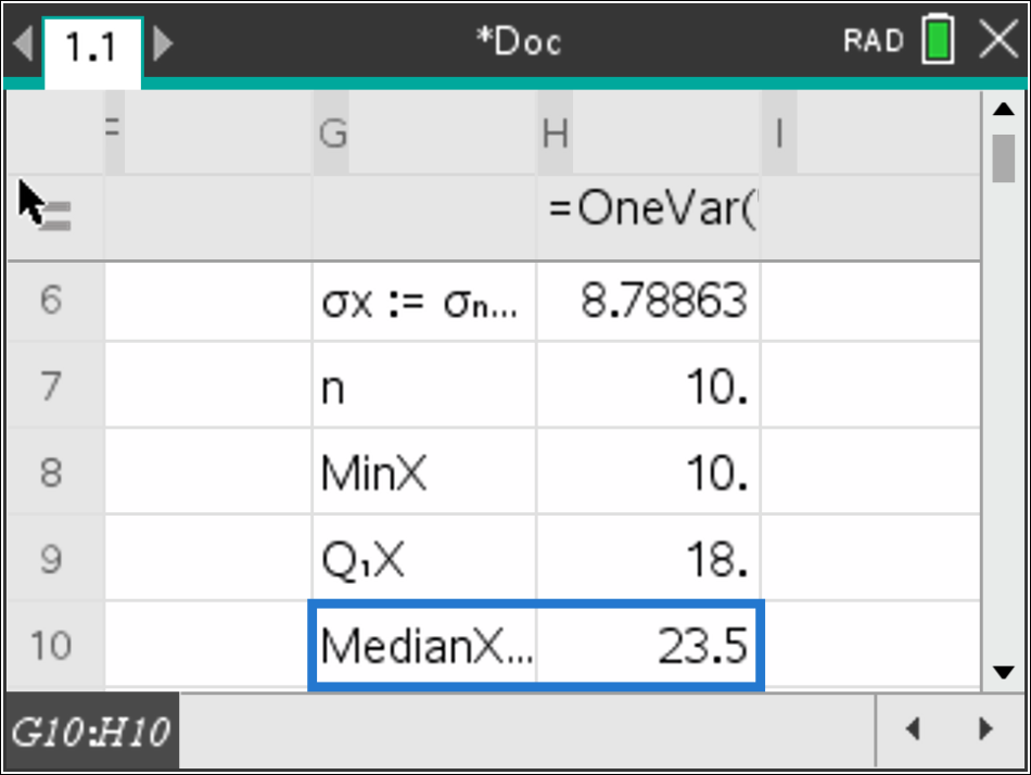 Calculadora gráfica mostrando a mediana igual a 23,5.