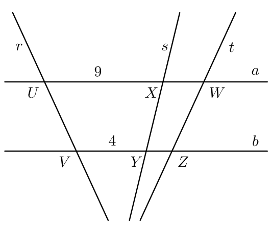 Retas paralelas a, b e concorrentes r, s, t