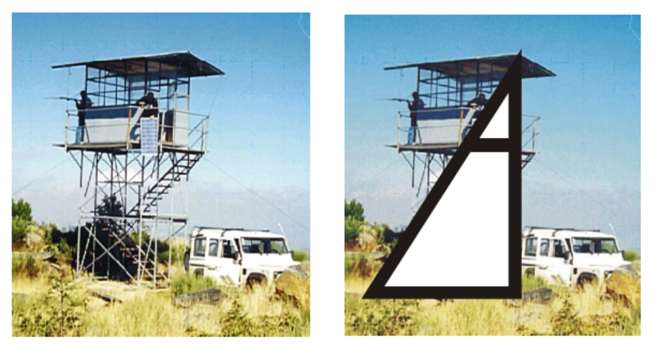 Fotografia de uma torre de vigia e modelo geométrico