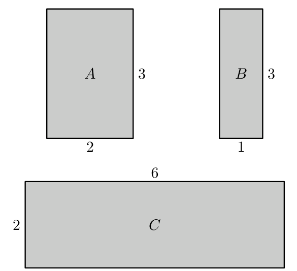 Três retângulos A, B e C