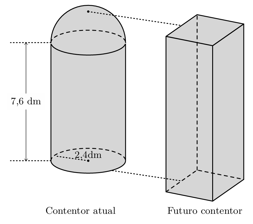 Cilindro + semiesfera e prisma — contentores
