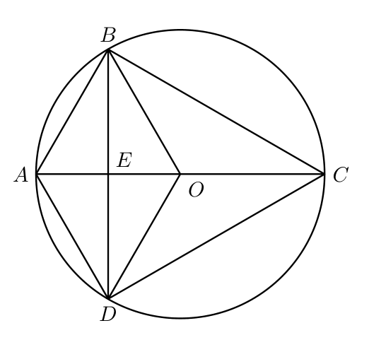 Circunferência de centro O com corda [BD] e diâmetro [AC]