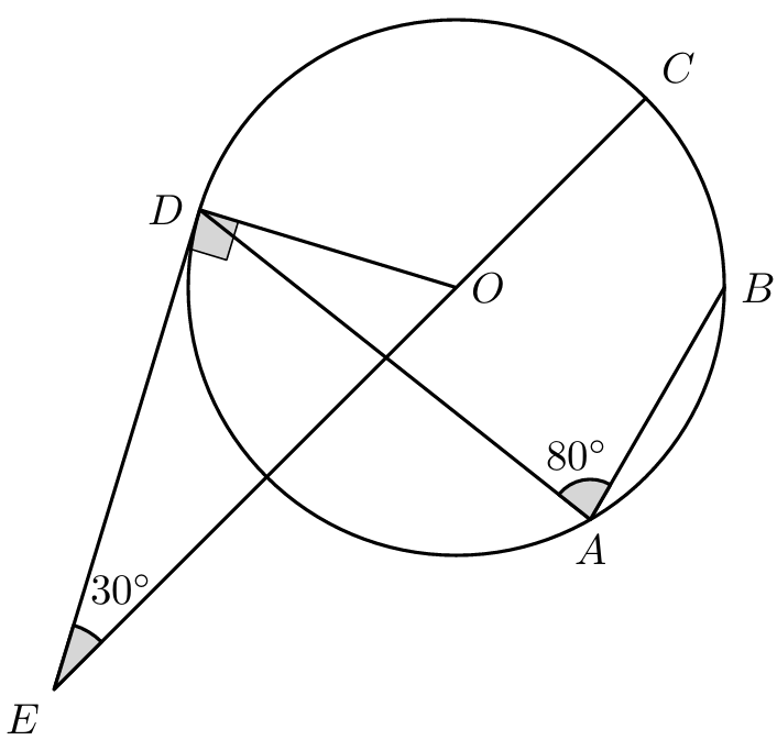 Circunferência de centro O com o triângulo [ODE] retângulo em D