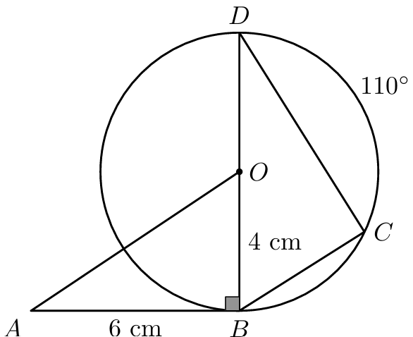 Circunferência de centro O com o diâmetro [BD] e o arco CD de 110 graus