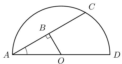 Semicircunferência de centro O e diâmetro [AD] com o triângulo [ABO]