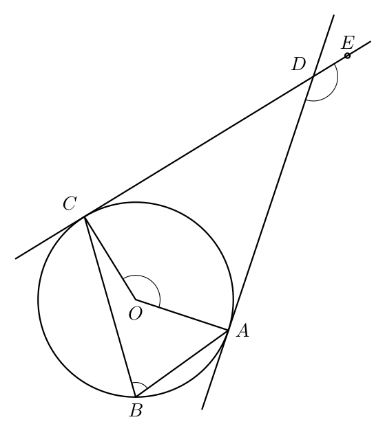 Circunferência de centro O com as retas tangentes AD e CD