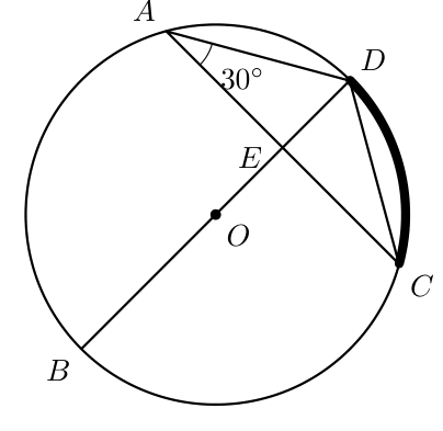 Circunferência de centro O com o diâmetro [BD] e o arco CD a traço grosso