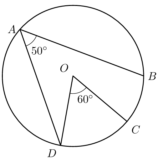 Circunferência de centro O com os ângulos de 50 e 60 graus