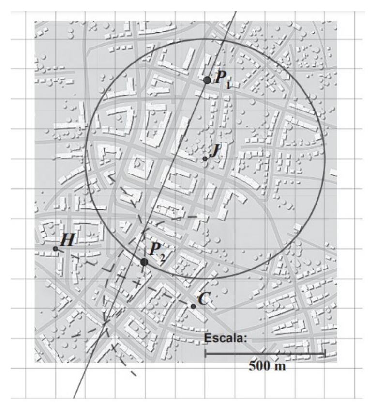 Mapa da cidade com a circunferência de centro J e a mediatriz de [CH]