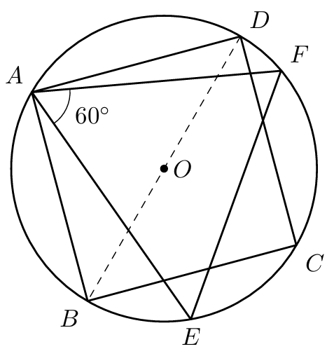 Circunferência de centro O com o triângulo [AEF] e o quadrado [ABCD]