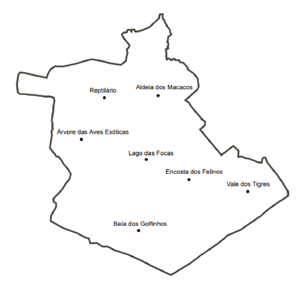 Mapa do jardim zoológico com os locais de residência dos animais