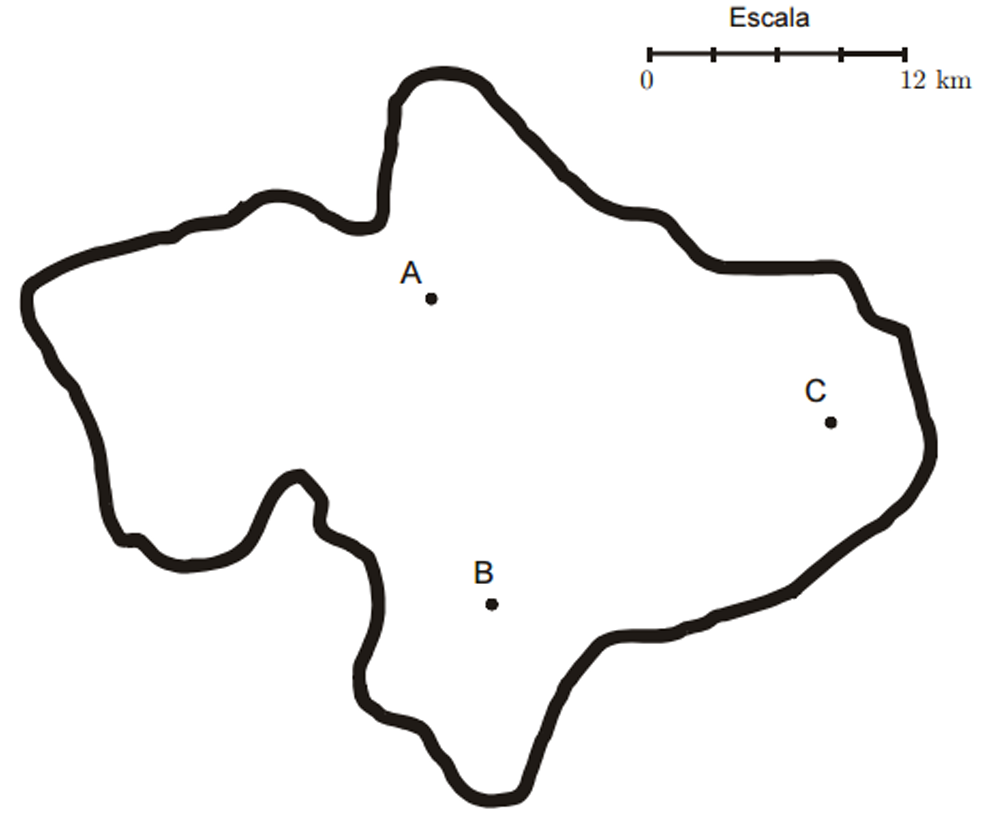 Mapa com as colunas A, B e C e a zona delimitada pelo traço grosso