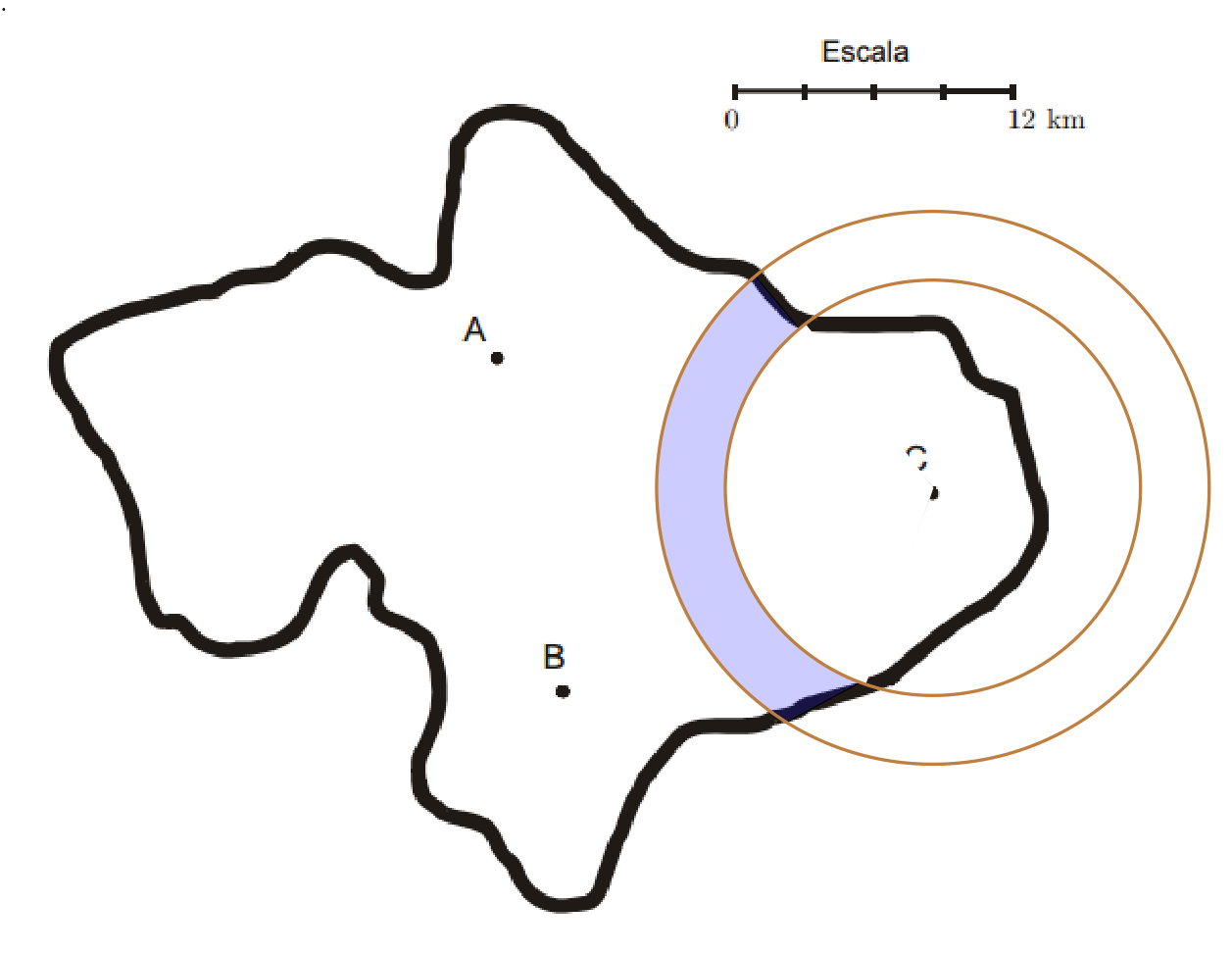 Resolução: coroa circular de centro C entre 9 km e 12 km, sombreada dentro do mapa